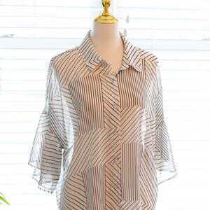 Cabi #689 Parallel White & Black Striped Sheer Button-Up Top Size L